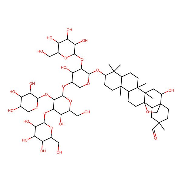 2D Structure of Oleanan-29-al,28-epoxy-3-[(O-beta-D-glucopyranosyl-(1.fwdarw.3)-O-[beta-D-xylopyranosyl-(1.fwdarw.2)]-O-beta-D-glucopyranosyl-(1.fwdarw.4)-O-[beta-D-glucopyranosyl-(1.fwdarw.2)]-alpha-L-arabinopyranosyl)oxy]-16-hydroxy-, (3beta,16alpha,20beta)-