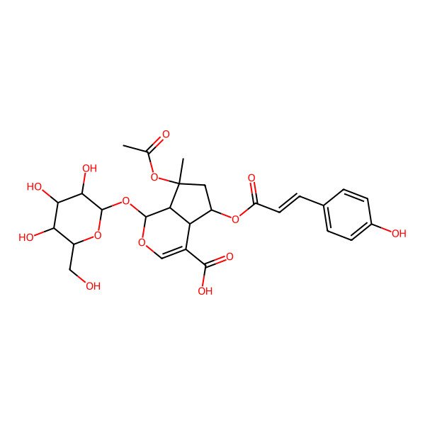 2D Structure of (1S,4aS,5R,7S,7aS)-7-acetyloxy-5-[(E)-3-(4-hydroxyphenyl)prop-2-enoyl]oxy-7-methyl-1-[(2S,3R,4S,5S,6R)-3,4,5-trihydroxy-6-(hydroxymethyl)oxan-2-yl]oxy-4a,5,6,7a-tetrahydro-1H-cyclopenta[c]pyran-4-carboxylic acid