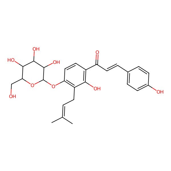 2D Structure of (E)-1-[2-hydroxy-3-(3-methylbut-2-enyl)-4-[(2S,3R,4S,5S,6S)-3,4,5-trihydroxy-6-(hydroxymethyl)oxan-2-yl]oxyphenyl]-3-(4-hydroxyphenyl)prop-2-en-1-one