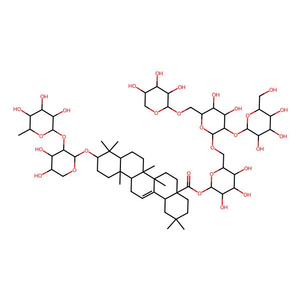 2D Structure of [6-[[4,5-Dihydroxy-3-[3,4,5-trihydroxy-6-(hydroxymethyl)oxan-2-yl]oxy-6-[(3,4,5-trihydroxyoxan-2-yl)oxymethyl]oxan-2-yl]oxymethyl]-3,4,5-trihydroxyoxan-2-yl] 10-[4,5-dihydroxy-3-(3,4,5-trihydroxy-6-methyloxan-2-yl)oxyoxan-2-yl]oxy-2,2,6a,6b,9,9,12a-heptamethyl-1,3,4,5,6,6a,7,8,8a,10,11,12,13,14b-tetradecahydropicene-4a-carboxylate