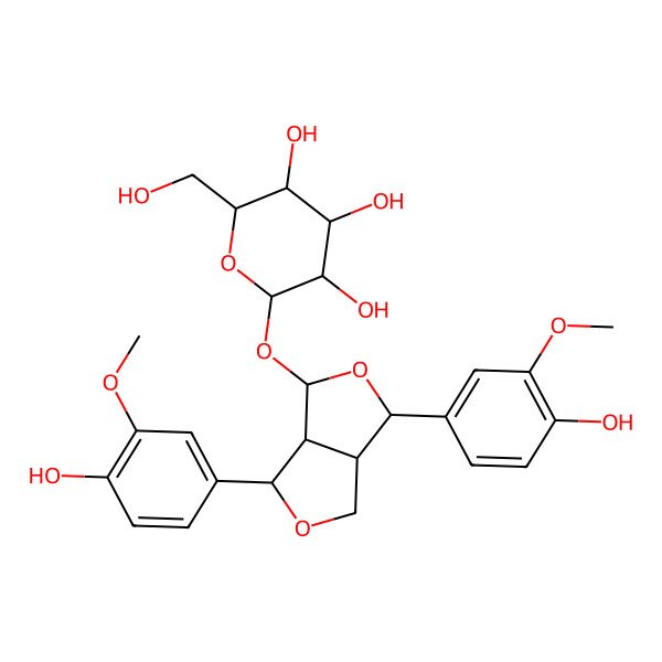 2D Structure of (2S,3R,4S,5S,6R)-2-[[(3S,3aS,4S,6S,6aR)-3,6-bis(4-hydroxy-3-methoxyphenyl)-1,3,3a,4,6,6a-hexahydrofuro[3,4-c]furan-4-yl]oxy]-6-(hydroxymethyl)oxane-3,4,5-triol