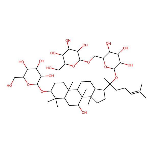 2D Structure of (2R,3S,4S,5R,6R)-2-(hydroxymethyl)-6-[[(2R,3S,4S,5R,6S)-3,4,5-trihydroxy-6-[(2S)-2-[(3S,5R,7S,8R,9R,10S,13R,14R,17S)-7-hydroxy-4,4,8,10,14-pentamethyl-3-[(2R,3R,4S,5S,6R)-3,4,5-trihydroxy-6-(hydroxymethyl)oxan-2-yl]oxy-2,3,5,6,7,9,11,12,13,15,16,17-dodecahydro-1H-cyclopenta[a]phenanthren-17-yl]-6-methylhept-5-en-2-yl]oxyoxan-2-yl]methoxy]oxane-3,4,5-triol