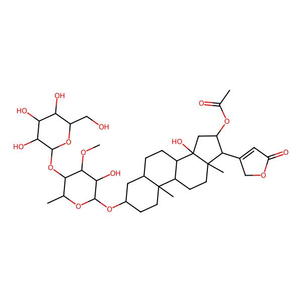 2D Structure of [(3S,5R,8R,9S,10S,13R,14S,16R,17R)-14-hydroxy-3-[(2R,3R,4R,5S,6R)-3-hydroxy-4-methoxy-6-methyl-5-[(2S,3R,4S,5S,6R)-3,4,5-trihydroxy-6-(hydroxymethyl)oxan-2-yl]oxyoxan-2-yl]oxy-10,13-dimethyl-17-(5-oxo-2H-furan-3-yl)-1,2,3,4,5,6,7,8,9,11,12,15,16,17-tetradecahydrocyclopenta[a]phenanthren-16-yl] acetate