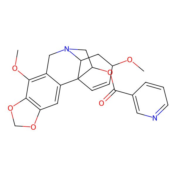 2D Structure of (9,15-Dimethoxy-5,7-dioxa-12-azapentacyclo[10.5.2.01,13.02,10.04,8]nonadeca-2,4(8),9,16-tetraen-18-yl) pyridine-3-carboxylate
