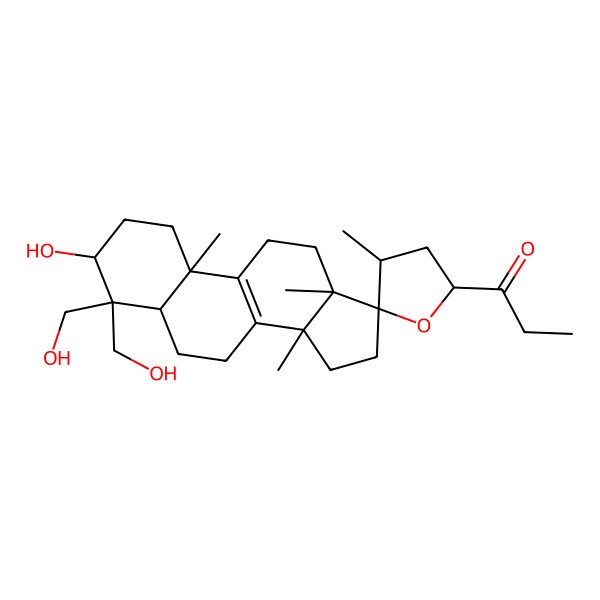 2D Structure of 1-[(2'S,3S,5R,10S,13S,14S,17S)-3-hydroxy-4,4-bis(hydroxymethyl)-4',10,13,14-tetramethylspiro[1,2,3,5,6,7,11,12,15,16-decahydrocyclopenta[a]phenanthrene-17,5'-oxolane]-2'-yl]propan-1-one