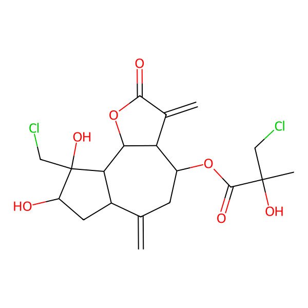 2D Structure of [(3aR,4S,6aR,8R,9S,9aS,9bS)-9-(chloromethyl)-8,9-dihydroxy-3,6-dimethylidene-2-oxo-3a,4,5,6a,7,8,9a,9b-octahydroazuleno[4,5-b]furan-4-yl] (2R)-3-chloro-2-hydroxy-2-methylpropanoate