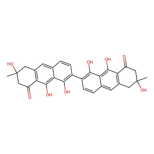 2D Structure of (3R)-3,8,9-trihydroxy-3-methyl-7-[(6R)-1,6,9-trihydroxy-6-methyl-8-oxo-5,7-dihydroanthracen-2-yl]-2,4-dihydroanthracen-1-one