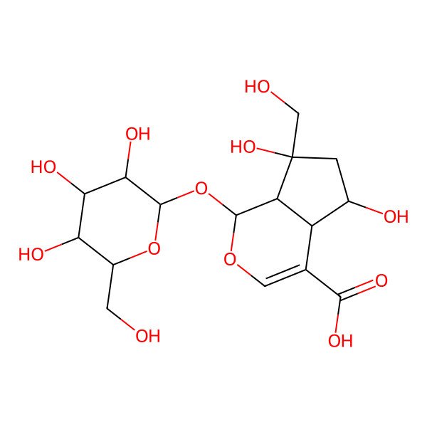 2D Structure of 5,7-dihydroxy-7-(hydroxymethyl)-1-[3,4,5-trihydroxy-6-(hydroxymethyl)oxan-2-yl]oxy-4a,5,6,7a-tetrahydro-1H-cyclopenta[c]pyran-4-carboxylic acid