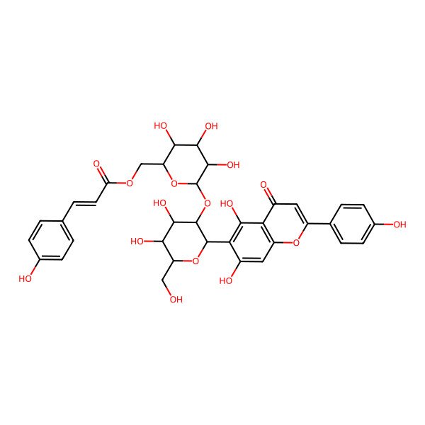 2D Structure of [(2R,3S,4S,5R,6S)-6-[(2S,3S,4S,5S,6R)-2-[5,7-dihydroxy-2-(4-hydroxyphenyl)-4-oxochromen-6-yl]-4,5-dihydroxy-6-(hydroxymethyl)oxan-3-yl]oxy-3,4,5-trihydroxyoxan-2-yl]methyl (E)-3-(4-hydroxyphenyl)prop-2-enoate