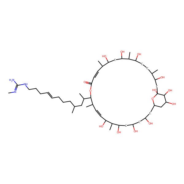 2D Structure of 2-methyl-1-[(E,9S,11S)-9-methyl-11-[(1R,3R,5R,7S,8R,9R,10E,12R,13R,16E,18R,19R,21S,22R,23S,26S,27R,29R,30S,31R)-3,5,7,9,19,21,23,27,29,30,31-undecahydroxy-8,12,18,22,26-pentamethyl-15-oxo-14,33-dioxabicyclo[27.3.1]tritriaconta-10,16-dien-13-yl]dodec-4-enyl]guanidine
