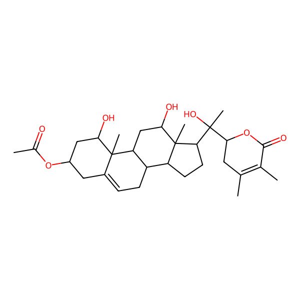 2D Structure of [17-[1-(4,5-dimethyl-6-oxo-2,3-dihydropyran-2-yl)-1-hydroxyethyl]-1,12-dihydroxy-10,13-dimethyl-2,3,4,7,8,9,11,12,14,15,16,17-dodecahydro-1H-cyclopenta[a]phenanthren-3-yl] acetate