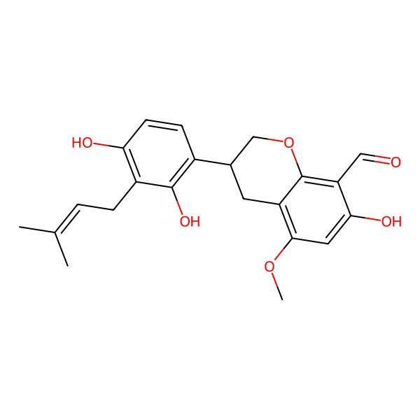 2D Structure of (3R)-3-(2,4-Dihydroxy-3-(3-methyl-2-buten-1-yl)phenyl)-3,4-dihydro-7-hydroxy-5-methoxy-2H-1-benzopyran-8-carboxaldehyde