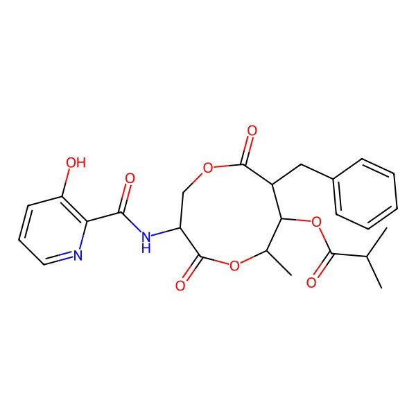 2D Structure of [8-Benzyl-3-[(3-hydroxypyridine-2-carbonyl)amino]-6-methyl-4,9-dioxo-1,5-dioxonan-7-yl] 2-methylpropanoate