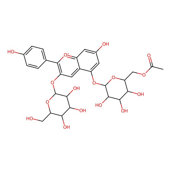 2D Structure of [(2R,3S,4S,5S,6S)-3,4,5-trihydroxy-6-[7-hydroxy-2-(4-hydroxyphenyl)-3-[(2S,3R,4R,5S,6R)-3,4,5-trihydroxy-6-(hydroxymethyl)oxan-2-yl]oxychromenylium-5-yl]oxyoxan-2-yl]methyl acetate