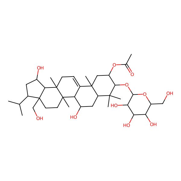 2D Structure of [1,6-Dihydroxy-3a-(hydroxymethyl)-5a,8,8,11a,13a-pentamethyl-3-propan-2-yl-9-[3,4,5-trihydroxy-6-(hydroxymethyl)oxan-2-yl]oxy-1,2,3,4,5,5b,6,7,7a,9,10,11,13,13b-tetradecahydrocyclopenta[a]chrysen-10-yl] acetate