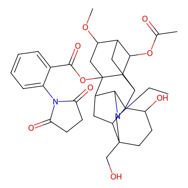 2D Structure of [4-Acetyloxy-11-ethyl-16-hydroxy-13-(hydroxymethyl)-6-methoxy-11-azahexacyclo[7.7.2.12,5.01,10.03,8.013,17]nonadecan-8-yl] 2-(2,5-dioxopyrrolidin-1-yl)benzoate