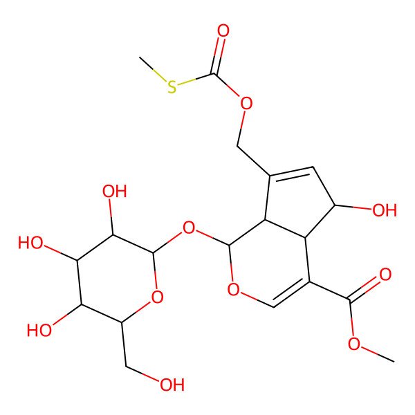 2D Structure of Methyl 5-hydroxy-7-(methylsulfanylcarbonyloxymethyl)-1-[3,4,5-trihydroxy-6-(hydroxymethyl)oxan-2-yl]oxy-1,4a,5,7a-tetrahydrocyclopenta[c]pyran-4-carboxylate