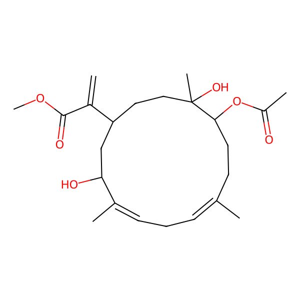 2D Structure of methyl 2-[(1R,3S,4E,7E,11S,12R)-11-acetyloxy-3,12-dihydroxy-4,8,12-trimethylcyclotetradeca-4,7-dien-1-yl]prop-2-enoate