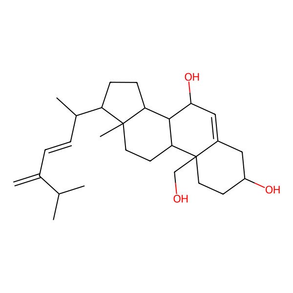 2D Structure of (3S,7R,8S,9S,10S,13R,14S,17R)-10-(hydroxymethyl)-13-methyl-17-[(E,2R)-6-methyl-5-methylidenehept-3-en-2-yl]-2,3,4,7,8,9,11,12,14,15,16,17-dodecahydro-1H-cyclopenta[a]phenanthrene-3,7-diol