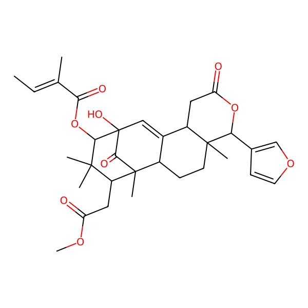 2D Structure of [(1R,2S,5R,6R,10R,13R,14S,16S)-6-(furan-3-yl)-13-hydroxy-16-(2-methoxy-2-oxoethyl)-1,5,15,15-tetramethyl-8,17-dioxo-7-oxatetracyclo[11.3.1.02,11.05,10]heptadec-11-en-14-yl] (E)-2-methylbut-2-enoate