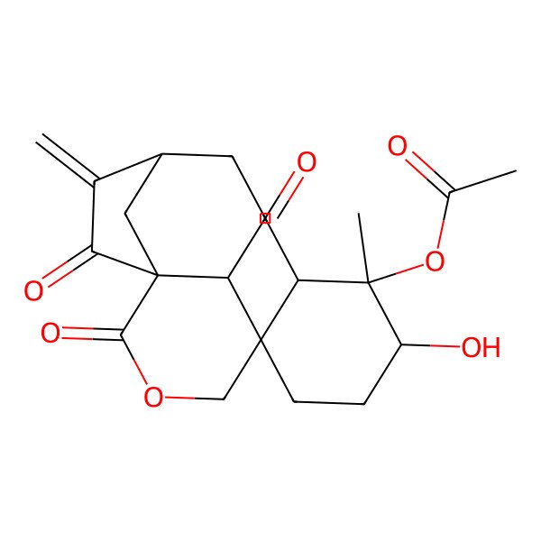 2D Structure of (2'-Formyl-6'-hydroxy-1'-methyl-10-methylidene-2,11-dioxospiro[3-oxatricyclo[7.2.1.01,6]dodecane-5,3'-cyclohexane]-1'-yl) acetate