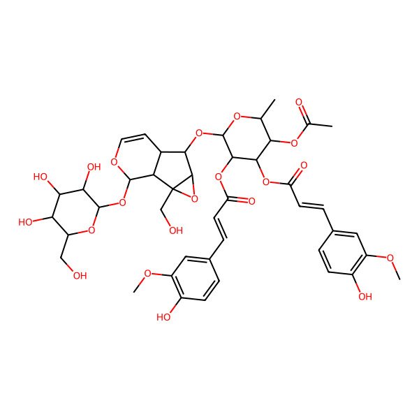 2D Structure of [(2S,3R,4R,5S,6S)-5-acetyloxy-3-[(E)-3-(4-hydroxy-3-methoxyphenyl)prop-2-enoyl]oxy-2-[[(1S,2S,4S,5S,6R,10S)-2-(hydroxymethyl)-10-[(2S,3R,4S,5S,6R)-3,4,5-trihydroxy-6-(hydroxymethyl)oxan-2-yl]oxy-3,9-dioxatricyclo[4.4.0.02,4]dec-7-en-5-yl]oxy]-6-methyloxan-4-yl] (E)-3-(4-hydroxy-3-methoxyphenyl)prop-2-enoate