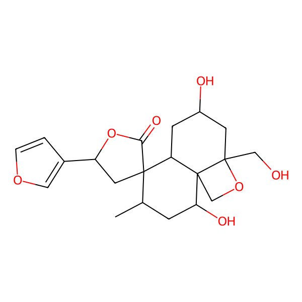 2D Structure of (2aR,4S,5'S,5aS,6R,7R,9R,9aR)-5'-(furan-3-yl)-4,9-dihydroxy-2a-(hydroxymethyl)-7-methylspiro[1,3,4,5,5a,7,8,9-octahydronaphtho[1,8a-b]oxete-6,3'-oxolane]-2'-one