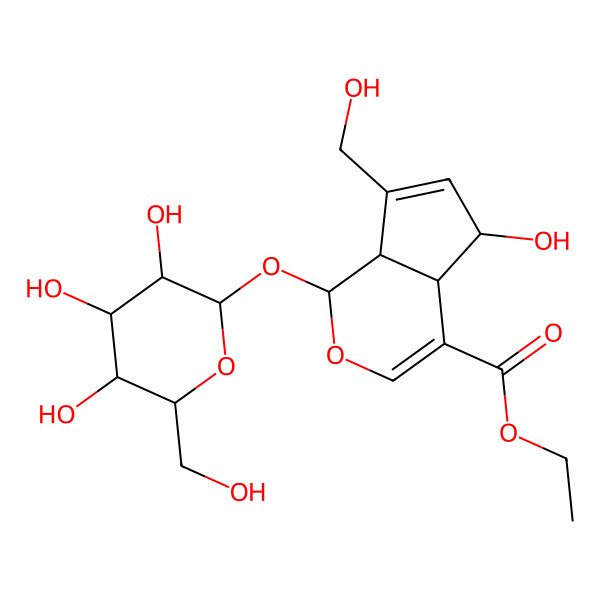 2D Structure of ethyl (1S,4aS,5R,7aS)-5-hydroxy-7-(hydroxymethyl)-1-[(2S,3R,4S,5S,6R)-3,4,5-trihydroxy-6-(hydroxymethyl)oxan-2-yl]oxy-1,4a,5,7a-tetrahydrocyclopenta[c]pyran-4-carboxylate