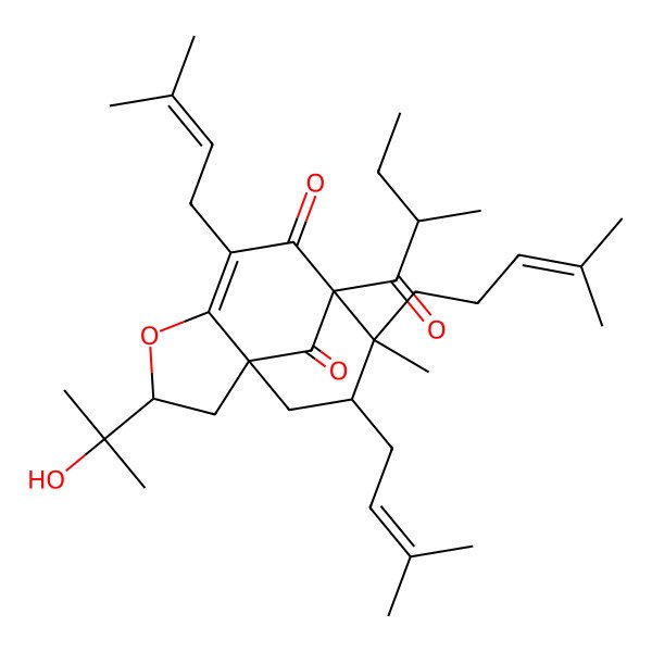 2D Structure of (1S,3S,8R,9R,10S)-3-(2-hydroxypropan-2-yl)-9-methyl-8-(2-methylbutanoyl)-6,10-bis(3-methylbut-2-enyl)-9-(4-methylpent-3-enyl)-4-oxatricyclo[6.3.1.01,5]dodec-5-ene-7,12-dione