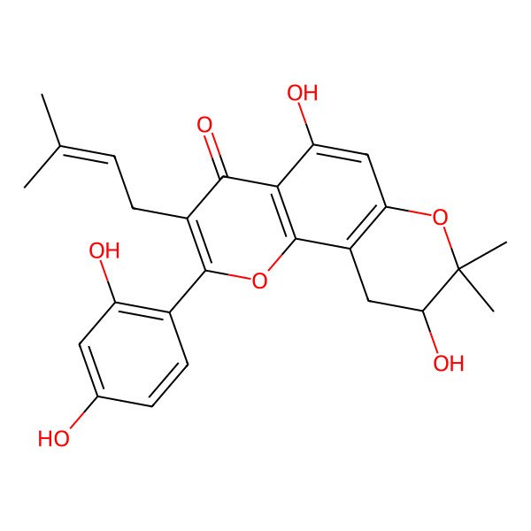 2D Structure of 2-(2,4-Dihydroxyphenyl)-5,9-dihydroxy-8,8-dimethyl-3-(3-methylbut-2-enyl)-9,10-dihydropyrano[2,3-h]chromen-4-one