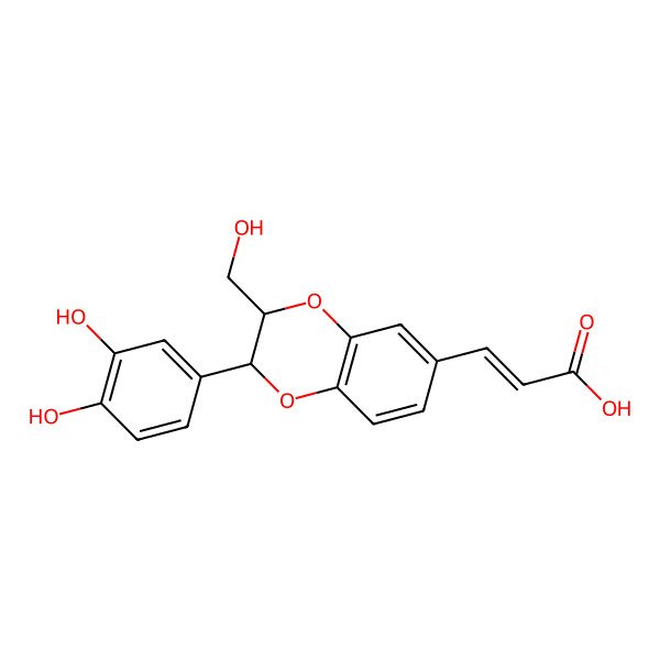 2D Structure of (E)-3-[(2R,3R)-2-(3,4-dihydroxyphenyl)-3-(hydroxymethyl)-2,3-dihydro-1,4-benzodioxin-6-yl]prop-2-enoic acid