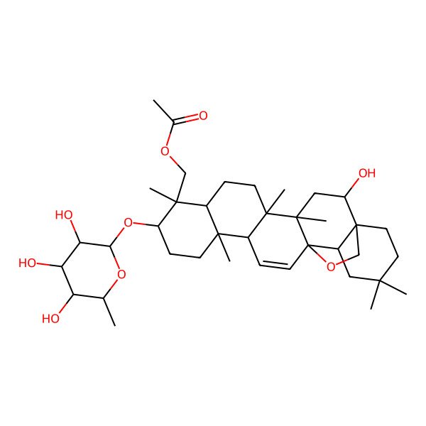 2D Structure of [(1S,2S,4S,5R,8R,9R,10S,13S,14R,17S,18R)-2-hydroxy-4,5,9,13,20,20-hexamethyl-10-[(2R,3R,4S,5R,6R)-3,4,5-trihydroxy-6-methyloxan-2-yl]oxy-24-oxahexacyclo[15.5.2.01,18.04,17.05,14.08,13]tetracos-15-en-9-yl]methyl acetate