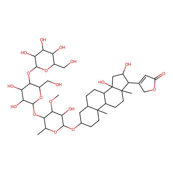 2D Structure of 3-[(3S,5R,8R,9S,10S,13R,14S,16S,17R)-3-[(2R,3R,4R,5S,6R)-5-[(2S,3R,4R,5S,6R)-3,4-dihydroxy-6-(hydroxymethyl)-5-[(2S,3R,4S,5S,6R)-3,4,5-trihydroxy-6-(hydroxymethyl)oxan-2-yl]oxyoxan-2-yl]oxy-3-hydroxy-4-methoxy-6-methyloxan-2-yl]oxy-14,16-dihydroxy-10,13-dimethyl-1,2,3,4,5,6,7,8,9,11,12,15,16,17-tetradecahydrocyclopenta[a]phenanthren-17-yl]-2H-furan-5-one