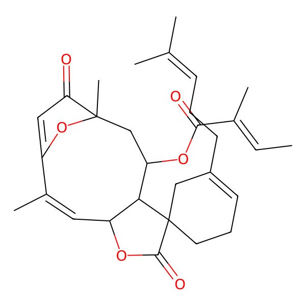 2D Structure of [2,11-Dimethyl-1'-(4-methylpent-3-enyl)-6,12-dioxospiro[5,14-dioxatricyclo[9.2.1.04,8]tetradeca-1(13),2-diene-7,5'-cyclohexene]-9-yl] 2-methylbut-2-enoate