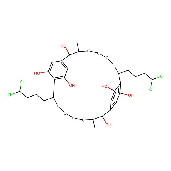 2D Structure of 8,19-Bis(4,4-dichlorobutyl)-3,14-dimethyltricyclo[18.2.2.29,12]hexacosa-1(22),9,11,20,23,25-hexaene-2,10,13,21,24,26-hexol