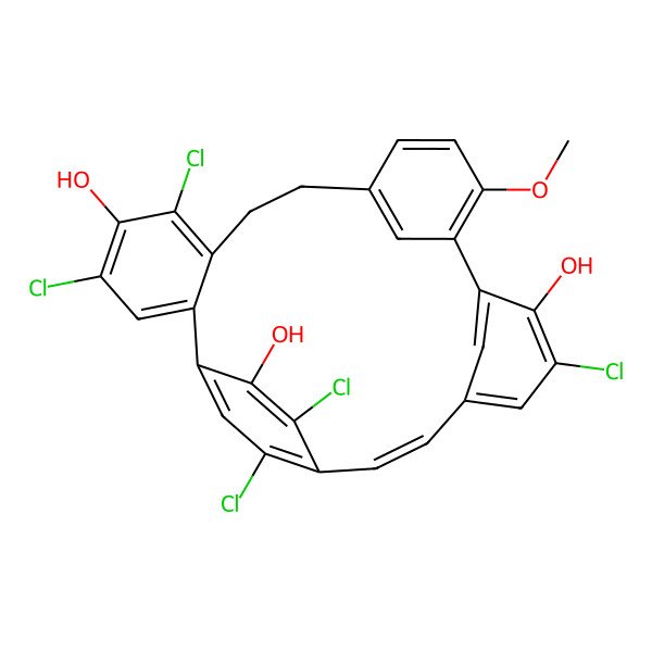 2D Structure of (20E)-4,6,17,23,26-pentachloro-13-methoxypentacyclo[20.2.2.110,14.115,19.02,7]octacosa-1(25),2,4,6,10(28),11,13,15,17,19(27),20,22(26),23-tridecaene-5,16,24-triol