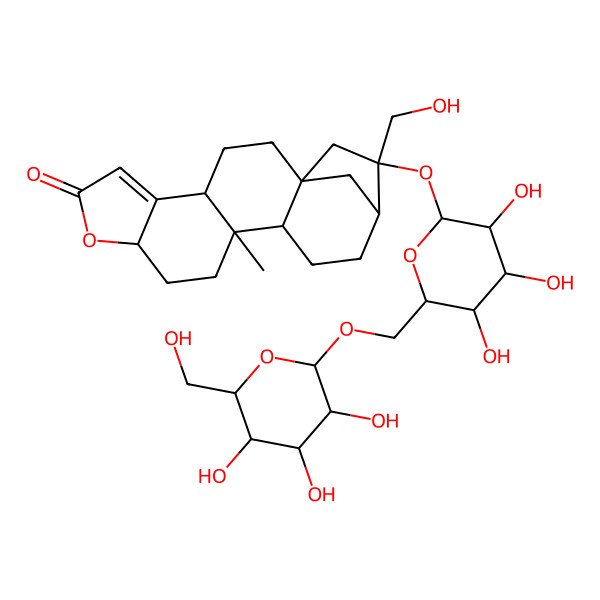 2D Structure of (1S,4S,9R,12S,13R,16R,17R)-17-(hydroxymethyl)-12-methyl-17-[(2S,3R,4S,5S,6R)-3,4,5-trihydroxy-6-[[(2R,3R,4S,5S,6R)-3,4,5-trihydroxy-6-(hydroxymethyl)oxan-2-yl]oxymethyl]oxan-2-yl]oxy-8-oxapentacyclo[14.2.1.01,13.04,12.05,9]nonadec-5-en-7-one