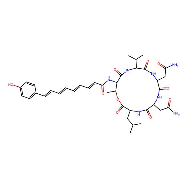 2D Structure of N-[6,9-bis(2-amino-2-oxoethyl)-16-methyl-3-(2-methylpropyl)-2,5,8,11,14-pentaoxo-12-propan-2-yl-1-oxa-4,7,10,13-tetrazacyclohexadec-15-yl]-9-(4-hydroxyphenyl)nona-2,4,6,8-tetraenamide