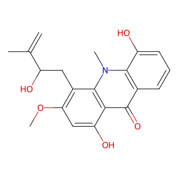 2D Structure of 1,5-dihydroxy-4-[(2R)-2-hydroxy-3-methylbut-3-enyl]-3-methoxy-10-methylacridin-9-one