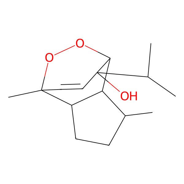2D Structure of 1,5-Dimethyl-8-propan-2-yl-11,12-dioxatricyclo[5.3.2.02,6]dodec-9-en-8-ol