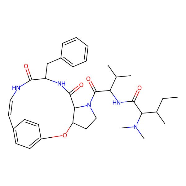 2D Structure of N-[1-(10-benzyl-8,11-dioxo-2-oxa-6,9,12-triazatricyclo[13.2.2.03,7]nonadeca-1(17),13,15,18-tetraen-6-yl)-3-methyl-1-oxobutan-2-yl]-2-(dimethylamino)-3-methylpentanamide