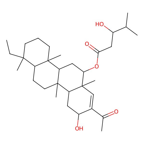 2D Structure of [(1S,4aS,4bR,6S,6aR,9R,10aS,10bR,12aS)-8-acetyl-1-ethyl-9-hydroxy-1,4a,6a,10b-tetramethyl-2,3,4,4b,5,6,9,10,10a,11,12,12a-dodecahydrochrysen-6-yl] (3S)-3-hydroxy-4-methylpentanoate