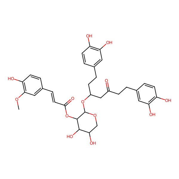 2D Structure of [2-[1,7-Bis(3,4-dihydroxyphenyl)-5-oxoheptan-3-yl]oxy-4,5-dihydroxyoxan-3-yl] 3-(4-hydroxy-3-methoxyphenyl)prop-2-enoate