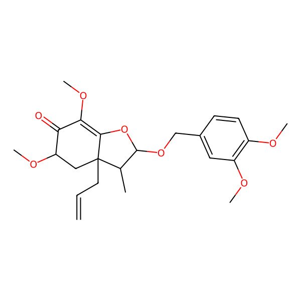 2D Structure of 2-[(3,4-Dimethoxyphenyl)methoxy]-5,7-dimethoxy-3-methyl-3a-prop-2-enyl-2,3,4,5-tetrahydro-1-benzofuran-6-one