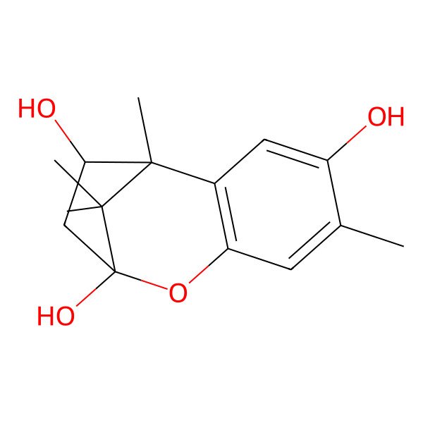 2D Structure of 1,5,12,12-Tetramethyl-8-oxatricyclo[7.2.1.02,7]dodeca-2(7),3,5-triene-4,9,11-triol