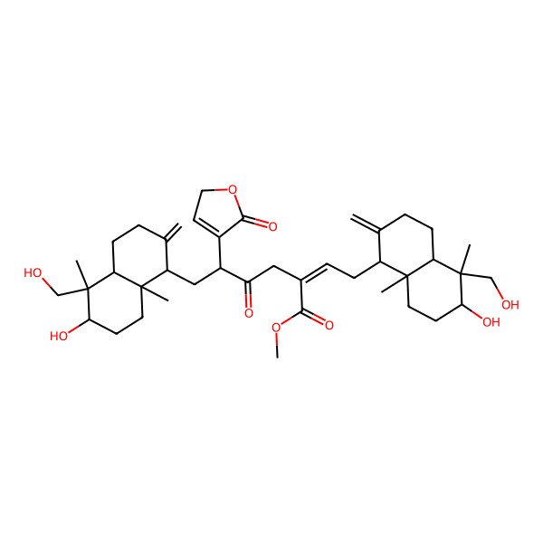2D Structure of methyl (2E,5S)-6-[(1R,4aS,5R,6R,8aS)-6-hydroxy-5-(hydroxymethyl)-5,8a-dimethyl-2-methylidene-3,4,4a,6,7,8-hexahydro-1H-naphthalen-1-yl]-2-[2-[(1R,4aS,5R,6R,8aS)-6-hydroxy-5-(hydroxymethyl)-5,8a-dimethyl-2-methylidene-3,4,4a,6,7,8-hexahydro-1H-naphthalen-1-yl]ethylidene]-4-oxo-5-(5-oxo-2H-furan-4-yl)hexanoate