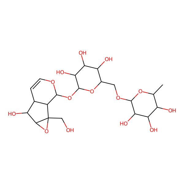 2D Structure of (2S,3R,4R,5R,6R)-2-methyl-6-[[(2R,3S,4S,5R,6S)-3,4,5-trihydroxy-6-[[(1S,2S,4S,5S,6R,10S)-5-hydroxy-2-(hydroxymethyl)-3,9-dioxatricyclo[4.4.0.02,4]dec-7-en-10-yl]oxy]oxan-2-yl]methoxy]oxane-3,4,5-triol