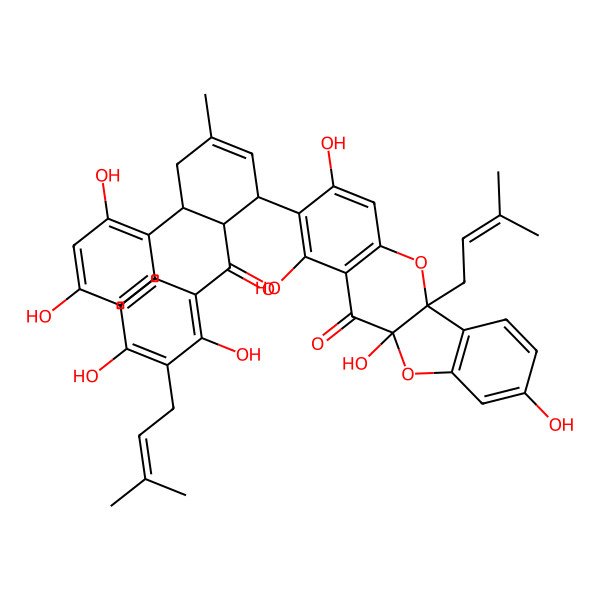 2D Structure of 2-[6-[2,4-Dihydroxy-3-(3-methylbut-2-enyl)benzoyl]-5-(2,4-dihydroxyphenyl)-3-methylcyclohex-2-en-1-yl]-1,3,8,10a-tetrahydroxy-5a-(3-methylbut-2-enyl)-[1]benzofuro[3,2-b]chromen-11-one