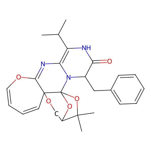 2D Structure of 3-Benzyl-19,19-dimethyl-6-propan-2-yl-10,16,20,21-tetraoxa-2,5,8-triazapentacyclo[16.2.1.01,15.02,7.09,15]henicosa-6,8,11,13-tetraen-4-one
