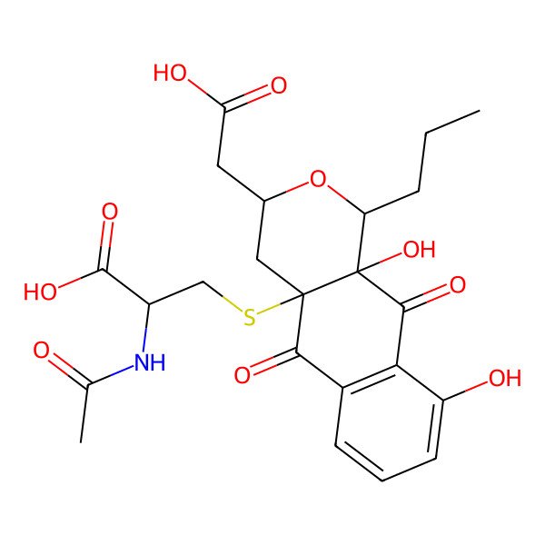 2D Structure of 2-acetamido-3-[[3-(carboxymethyl)-9,10a-dihydroxy-5,10-dioxo-1-propyl-3,4-dihydro-1H-benzo[g]isochromen-4a-yl]sulfanyl]propanoic acid